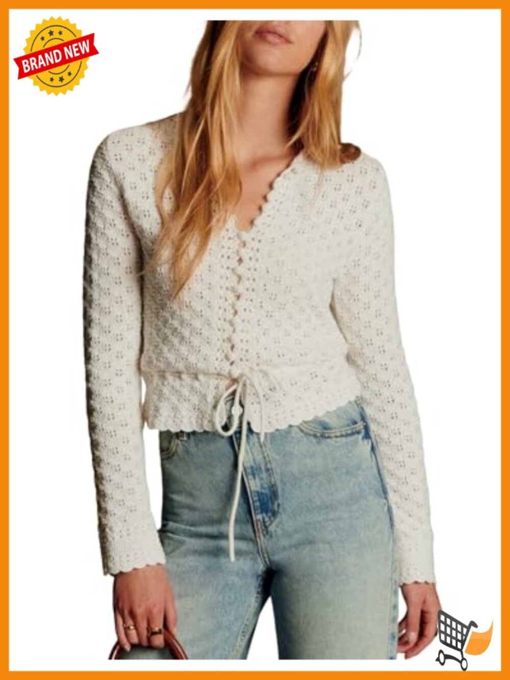 Lightweight Crochet Cardigan with Tie Front, Long Sleeve Crewneck Knit Sweater